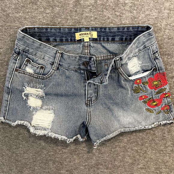 WAYAN | Raw Edge Denim Jean Shorts Floral Embroidery L/G Waist 27 Daisy Dukes - Picture 4 of 12